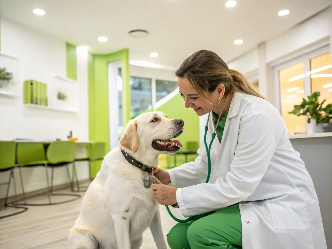 A serene image of a veterinarian gently examining a dog in a modern, well-lit clinic, conveying a sense of expertise and care.