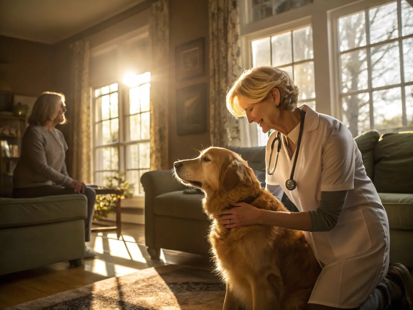 A comforting image of a veterinarian consoling a pet owner in their home during an in-home euthanasia service, emphasizing compassion and support.